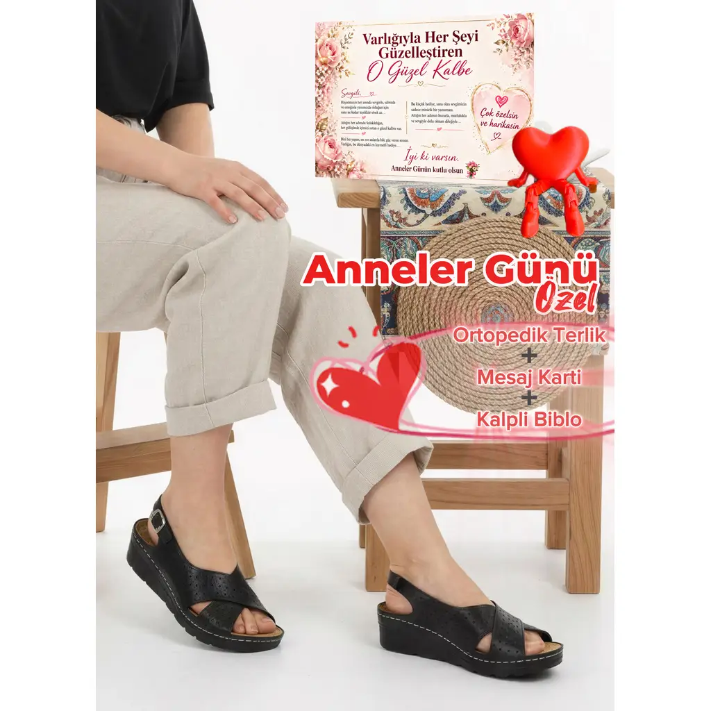 Anneler Gününe Özel Kadın Anne Terlik Sandalet Hediye Paketli Not Kartlı ve Kalpli Biblo Hediyeli Rahat Yumuşak Taban Ev Dışarı Terliği