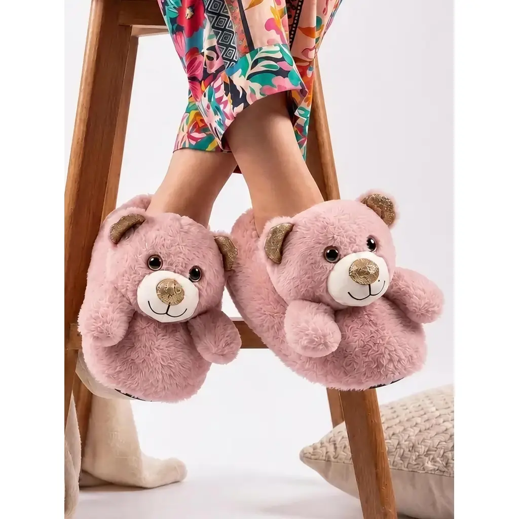 Kadın Hayvanlı Panduf Sıcak Tutan Peluşlu Rahat Yumuşak Kışlık Ayıcıklı Ev Terliği Pandifi ve Botu - Pembe